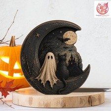 Halloween Ghost Black Cat Wooden Block , Crescent Moon Shelf Sitter