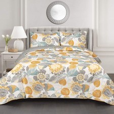 Layla Reversible Cotton Quilt King Size 3 Piece Set Yellow  Gray - Floral Be...