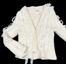 LOVE SHACK FANCY Lace Bow Sleeve Cable Knit Alpaca Cardigan Coquette Girl's 4/5