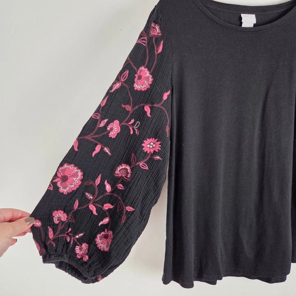 Top Chico's Bordado Rojo Floral Manga Globo Tejido Negro XL Talla 3 Boho Foto 2 de 4