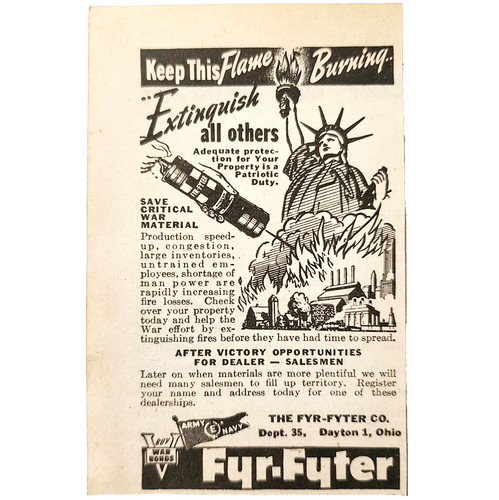 1944 Fyr Fyter Fire Extinguisher Advertisement WW2 Era Statue Of Liberty DWP7A