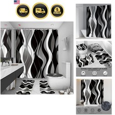 4Pcs Black Shower Curtain Sets with Non-Slip Rugs, Toilet Lid Cover and Bath ...