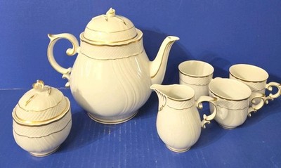 Vintage Hollohaza Hungary ARRABONA Teapot-Sugar Bowl Creamer + 3 Demitasse Cups