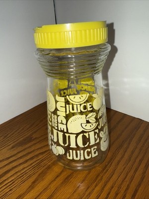 Vintage glass Juice carafe lemon yellow juice graphics, holds 24 oz.