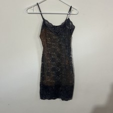 Bozzolo Y2K Grey Lace Slip Dress Sz M Grunge Goth Stretch Sheer Lingerie 90s