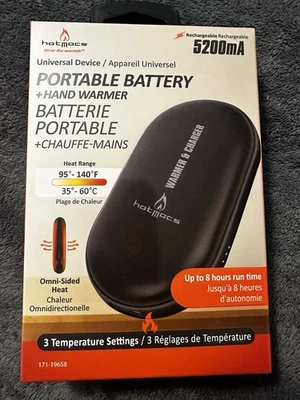 Hot Mocs Portable Battery Hand Warmer Omni -Sided Heat 8hr Run Time Rechargeable