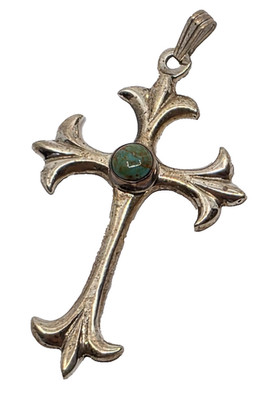 Navajo Inlaid Sterling Silver Turquoise Sandcast Cross Necklace Pendant