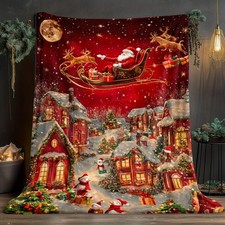 1pc Festive Santa Claus  Reindeer Night Scene Flannel Throw Blanket / Light