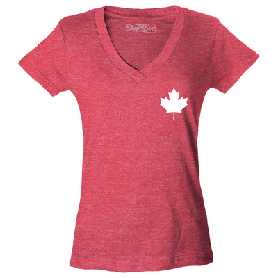 Canada White Maple Leaf Pocket Size Women's V-Neck Shirt Candian Tee