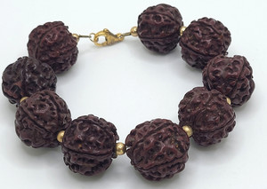 Rudraksha Bead Bracelet Gold Tone Bead Spacers 18mm Beads 8"