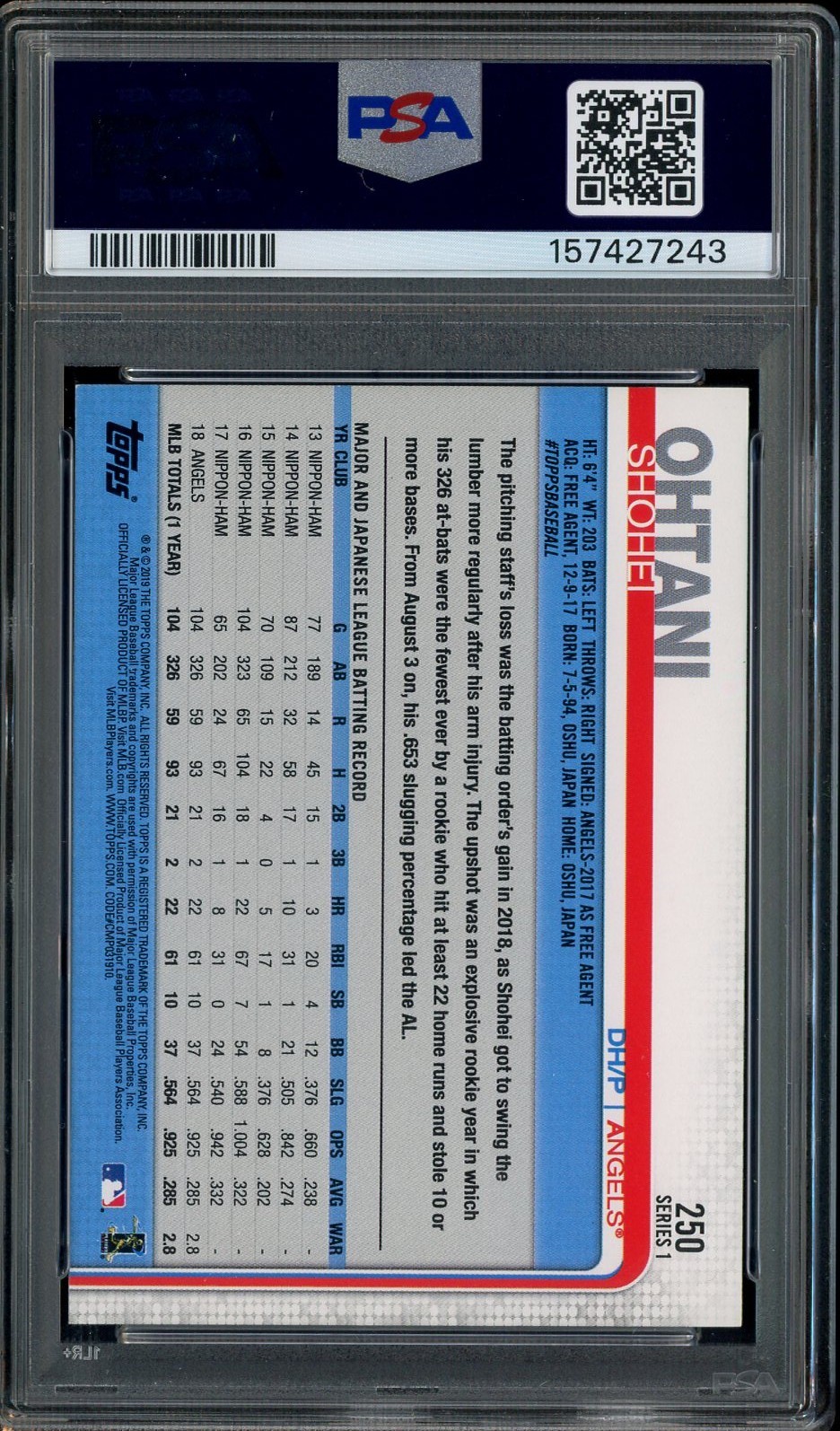 2019 Topps #250 Shohei Ohtani Angels PSA 8 NM-MT view 2