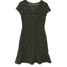 Banana Republic Olive Green Navy Floral Jacquard V-Neck Flounce Dress Size 0