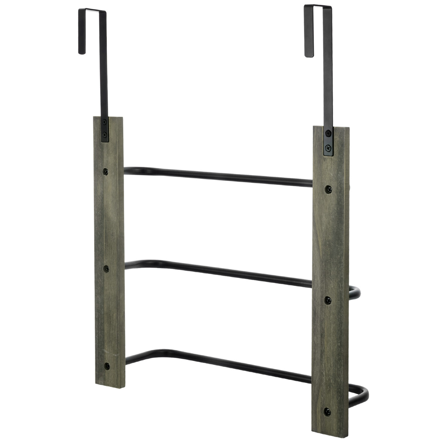3 Tier Bathroom Gray Wood & Black Metal Towel Rack, Drying Towels Storage Hanger