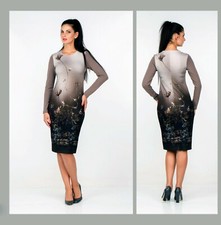 PARTY DRESS STRETCH LONG SLEEVE WORK COCKTAIL MADE IN EUROPE BEIGE PRINTED 