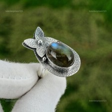 Natural Labradorite Gemstone Solitaire Adjustable Ring 925 Silver For Girls