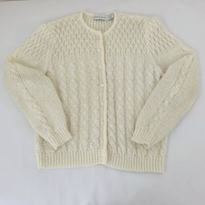 Vintage Chunky Cable Knit Cardigan Sweater White Button Women L Cottage Granny