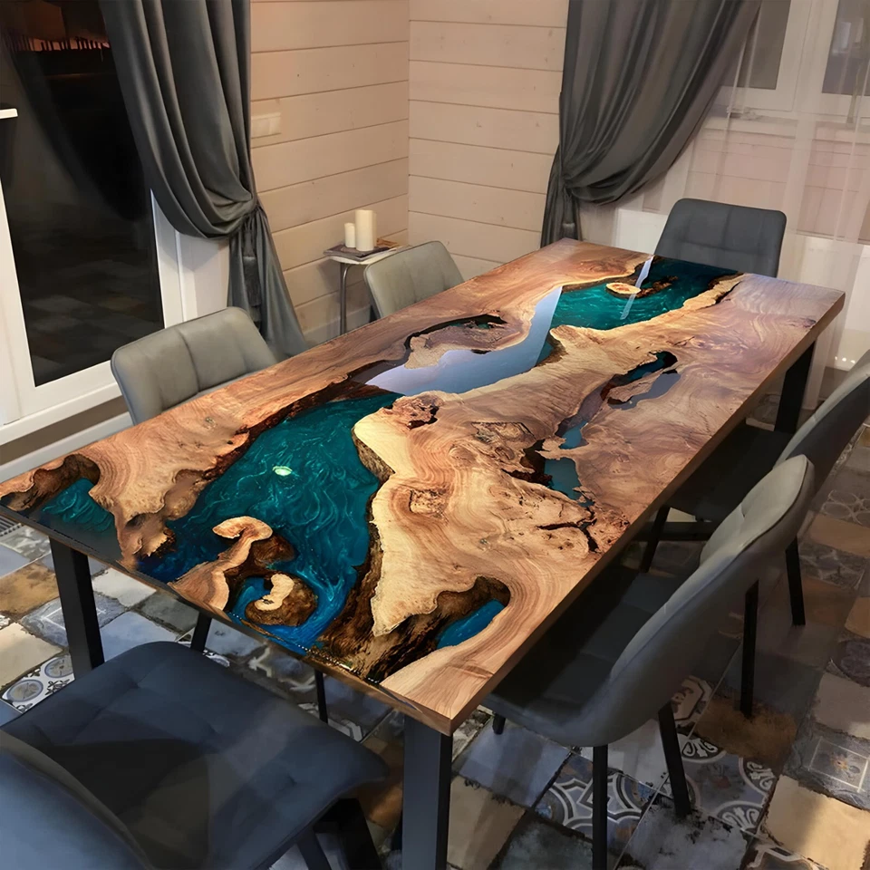 Custom Golden Charmhor and Olive Epoxy River Dining Table Top | Handmade Artisan - Image 3 of 4