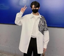 Men's Fashion Summer Lapel Long Sleeve Loose Printed Shirt Youth Party Blouses