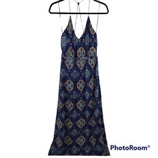Sadie & Sage Womens Sm Maxi Dress Blue Paisley Lined Spaghetti Strap 