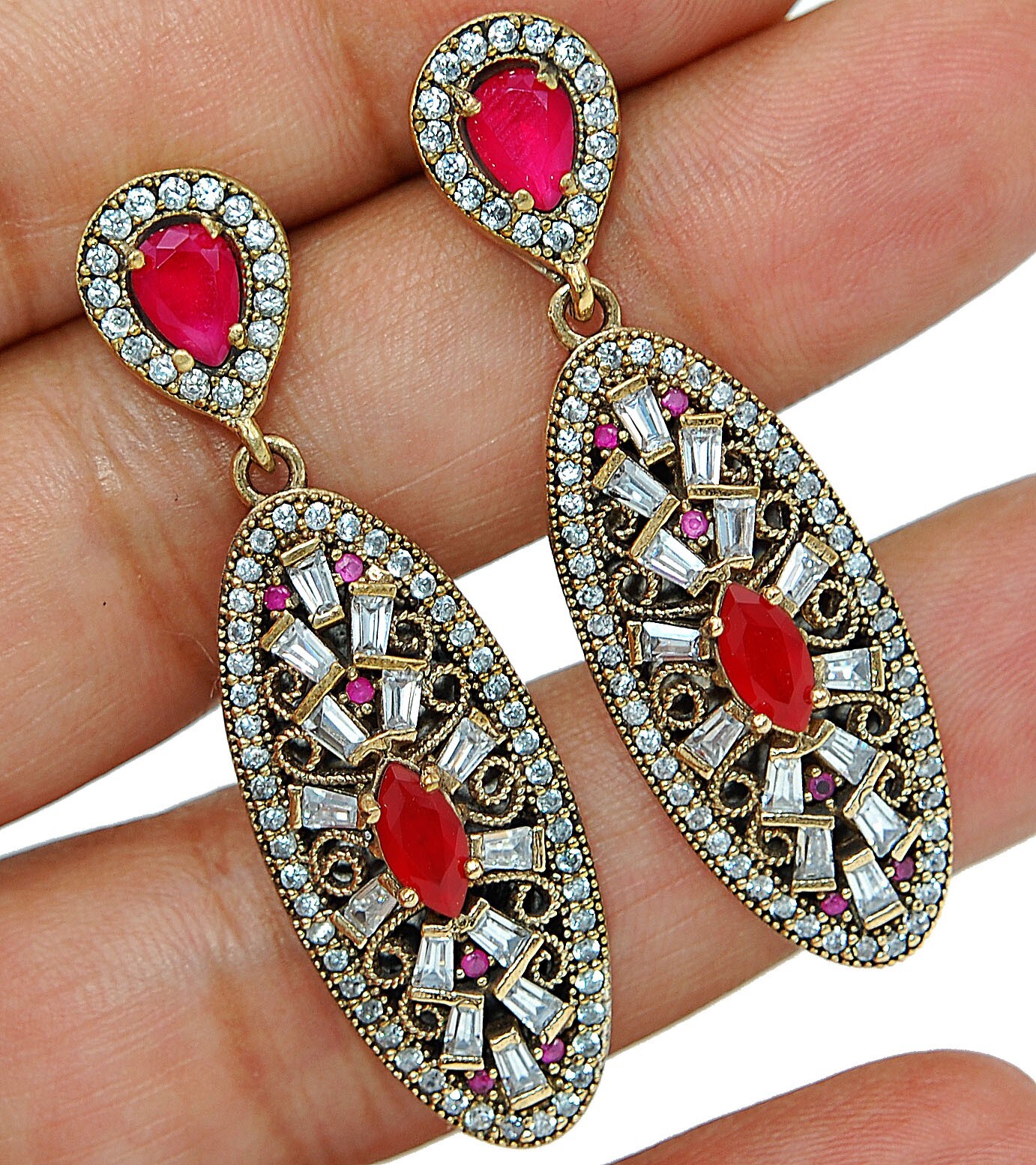 Exquisite Ottoman Empire Inspired 8CT Ruby 925 Sterling Silver Earrings TE3512