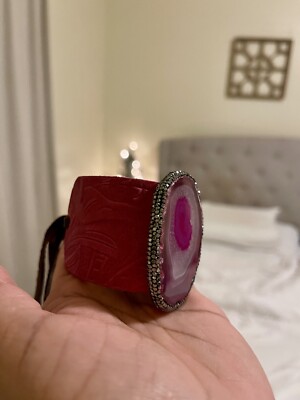 Sandra Ling Pink Leather Tooled Bracelet Cuff
