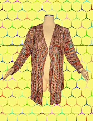 ABSOLUTELY FAMOUS Cardigan Sweater Open Front RAINBOW Knit Red Blue Womens Large