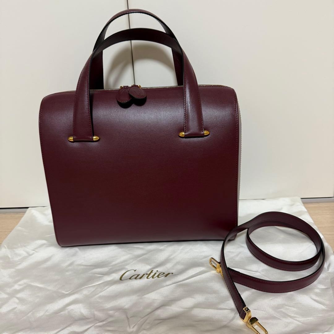 Cartier Burgundy Leather 2 Way Shoulder Bag Gold Hardware Top Handle Authentic image 7