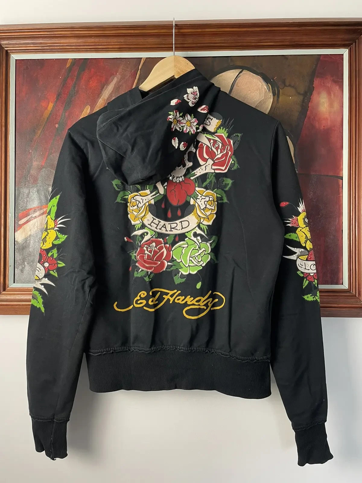 Ed Hardy Women Zip Hoodie Rare Flowers Y2k Streetwear Drip image 2