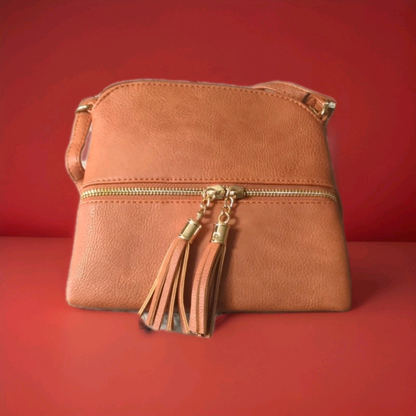 FashionPuzzle Tassel Zip Pocket Crossbody Bag Dark Tan 