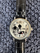Mickey Mouse Watch Accutime MK5464B5 Black Leather Band Silver Tone Case  Dial