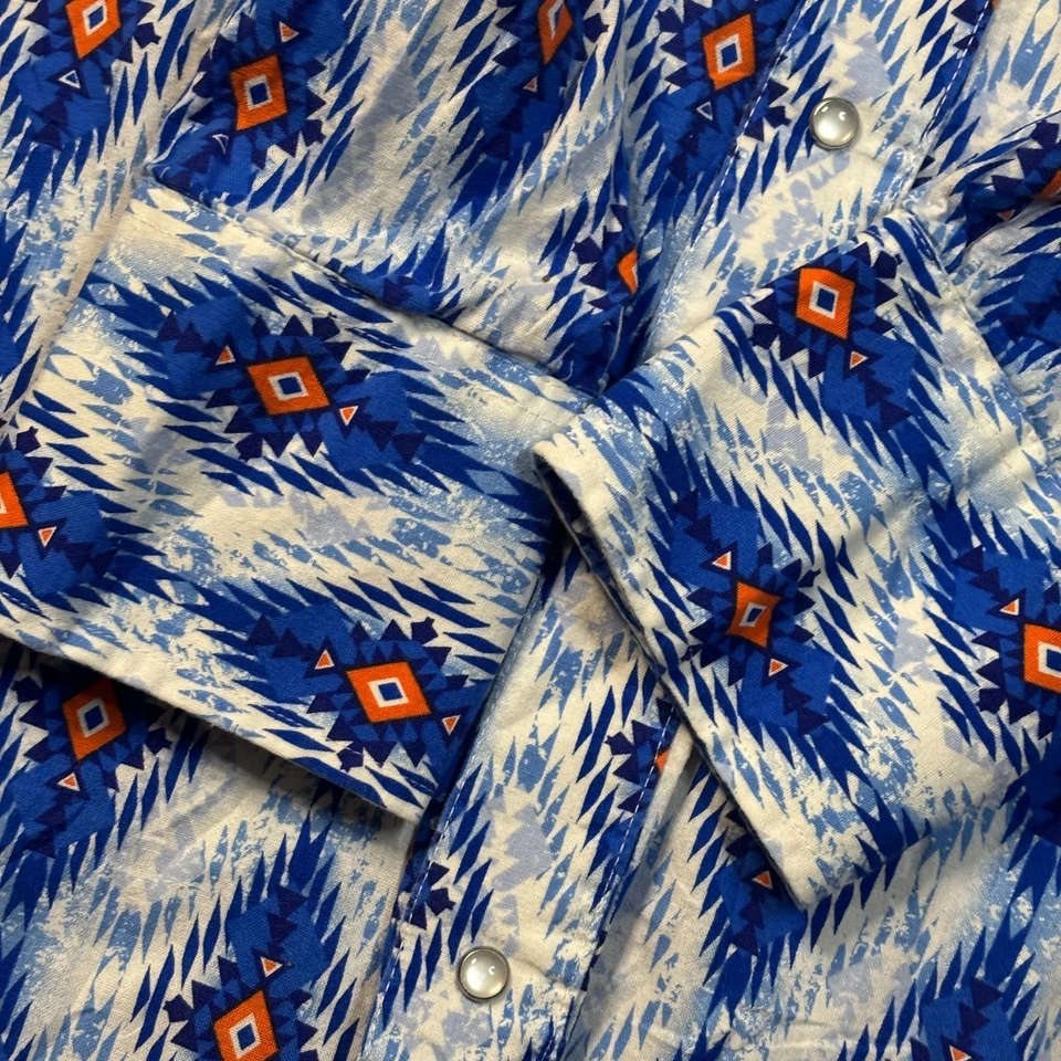 VTG Wrangler Mens XXL Blue Pearl Snap Aztec Brushpopper Navajo Shirt - Image 3 of 4
