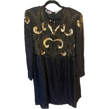 Vintage 1980s ART DECO Jewel Queen Textured Sequin Mini Dress Black and Gold 