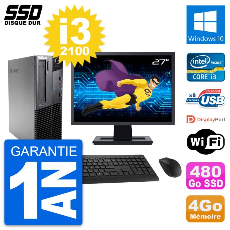 PC Lenovo M82 SFF Ecran 27" Intel Core i3-2100 RAM 4Go SSD 480Go Windows 10 Wifi