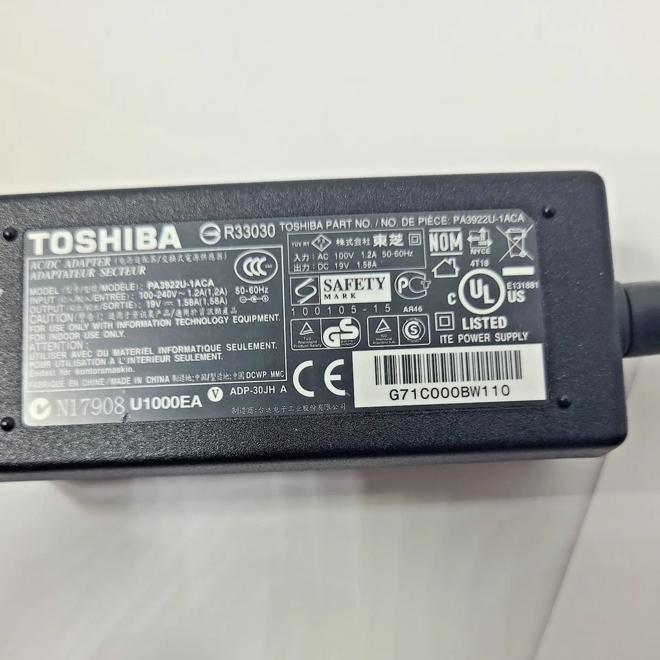 Adaptador de corriente y cable de alimentación genuino Toshiba PA3922U-1ACA 19V 1.58A 30W prosperar Foto 2 de 3