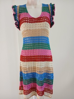 Women's Multicolor Striped Crochet Open Knit Ruffle Sleeve V-Neck Shift Dress