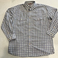 Orvis Shirt Mens Large Blue Plaid Trout Bum Long Sleeve Button Small Hole