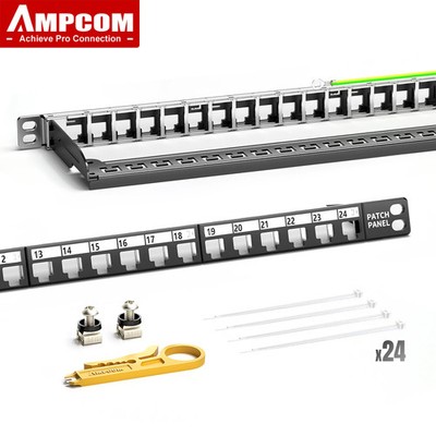 AMPCOM 24-Port 0.5U Blank Keystone Patch Panel 19'' Rack Wall Mount Cable Mgmt