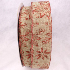 Red Glitter Poinsettia Christmas Ribbon Linen 2 1/2" Wired 10 Yards 04000573180
