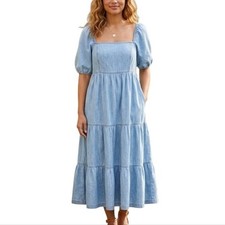 Gap Womens Size Large Light Blue Denim Puff Sleeve Tiered Midi Dress