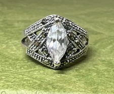 Vtg 925 Sterling Silver marquise-cut center stone CZ Marcasite Promise Ring 6.75