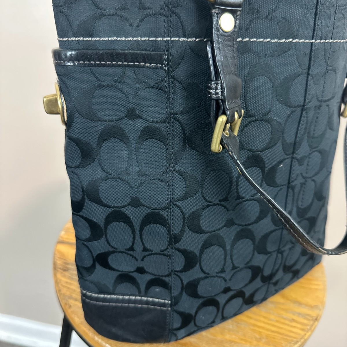Coach Handbag Y2K VTG Turn Key Black Signature Logo Double Handle 