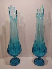 20” LE Smith MCM Vintage Blue Pedestal Swung Glass Vases - LOOK AT PICS