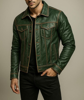 Herren dunkelgrün 100% echtes Lammleder Trucker Jacke stilvoll Western Vintag...