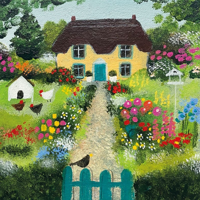 Blue Gate Fine Art Blank Greeting / Birthday Card Thatched Cottage Hens Garden