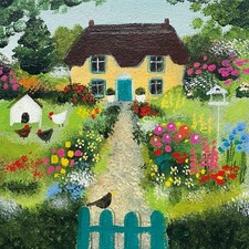 Blue Gate Fine Art Blank Greeting / Birthday Card Thatched Cottage Hens Garden