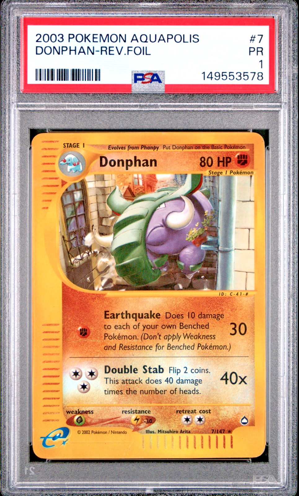 PSA 1 2003 Aquapolis Donphan REVERSE Holo Foil 7/147 Vintage Pokemon