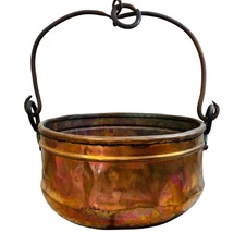 Antique Copper Fireplace Hanging Pot Riveted Iron Handle Rolled Edge 11”x6”