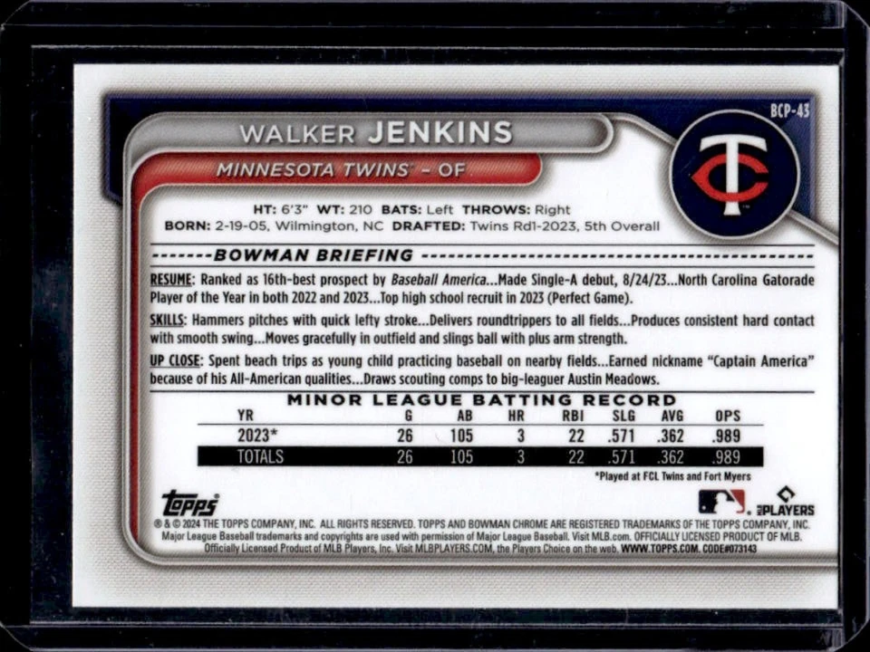 2024 Bowman Walker Jenkins Chrome Lunar Glow Refractor 1st Prospect #BCP-43 - Image 2 of 2