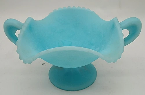 Vintage Custard Matte Blue Satin Milk Glass Fenton Fruits Pedestal Bowl Ruffled