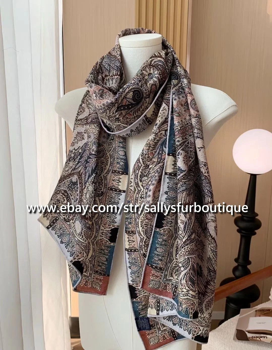 Sallys 70% Cashmere & 30% Silk Paisley Print Mens Wrap Double Face Oblong Scarf